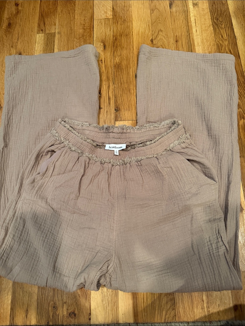 Heartloom Taupe Wide-Leg Cotton Gauze Pants ruffled band size S